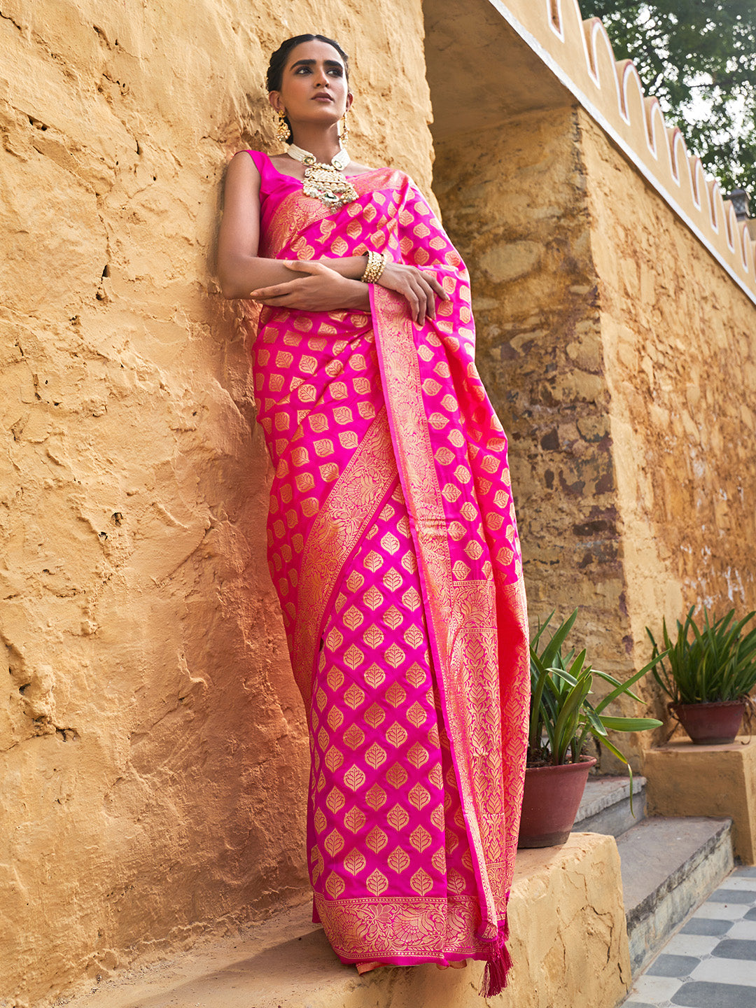 Janasya Rani Pink Banarasi Silk Ethnic Motifs Woven Design Saree - Distacart