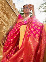 Thumbnail for Janasya Rani Pink Banarasi Silk Ethnic Motifs Woven Design Saree - Distacart