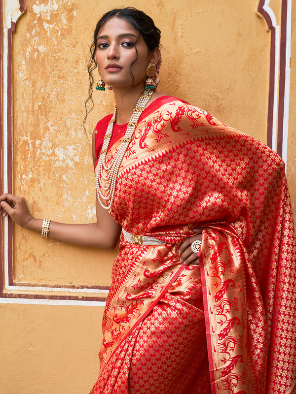 Janasya Red Paithani Silk Woven Ethnic Motifs Paithani Silk Saree - Distacart