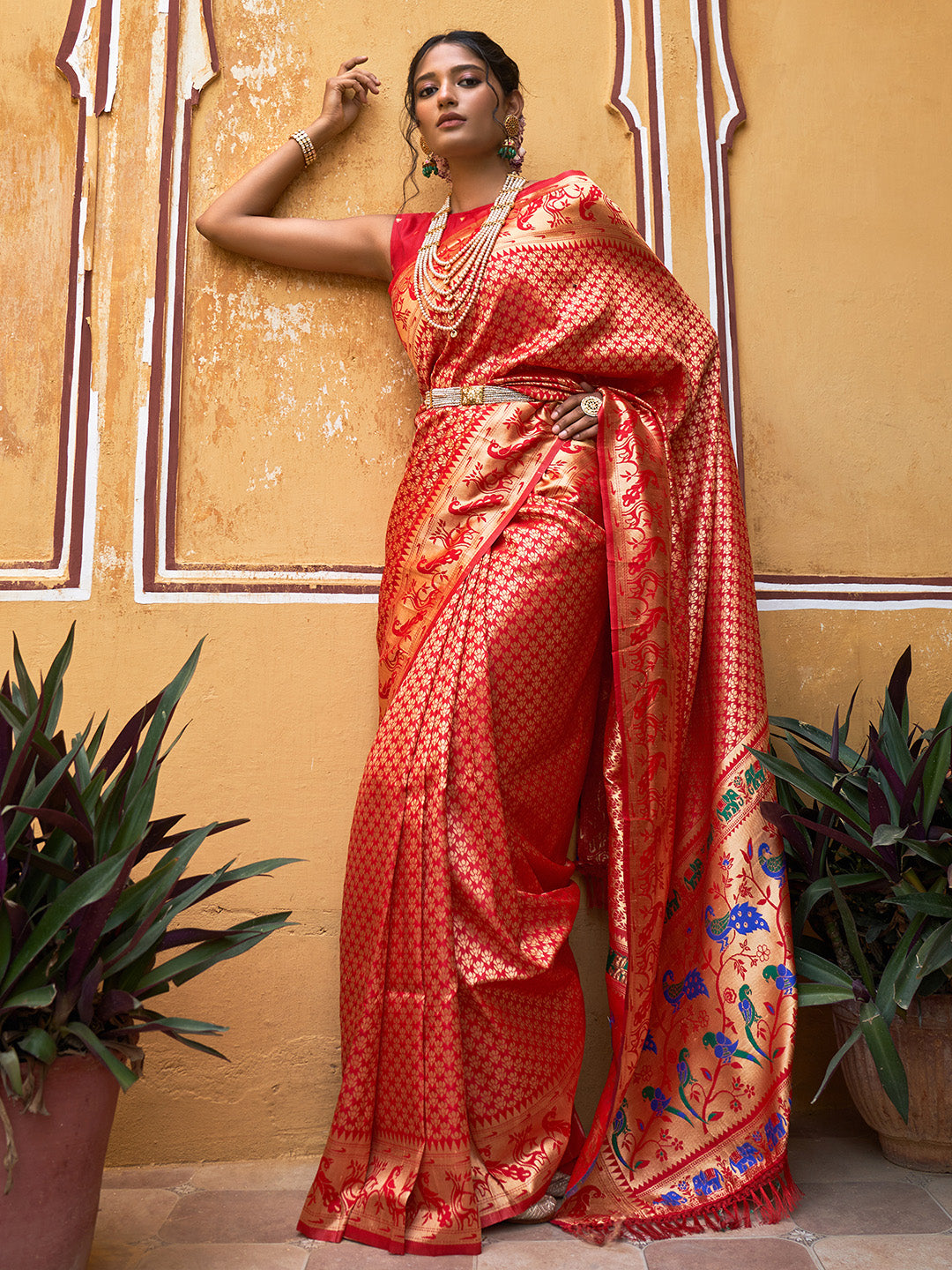 Janasya Red Paithani Silk Woven Ethnic Motifs Paithani Silk Saree - Distacart
