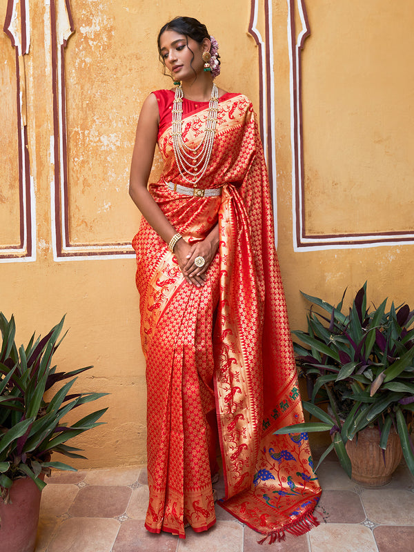Janasya Red Paithani Silk Woven Ethnic Motifs Paithani Silk Saree - Distacart