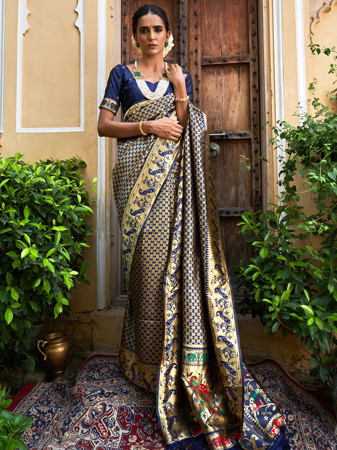 Janasya Navy Blue Paithani Silk Woven Ethnic Motifs Paithani Silk Saree - Distacart