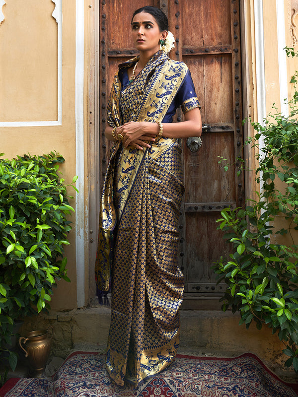 Janasya Navy Blue Paithani Silk Woven Ethnic Motifs Paithani Silk Saree - Distacart