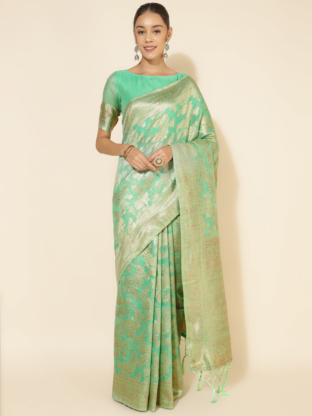 Janasya Green Chanderi Silk Floral Woven Design Saree - Distacart
