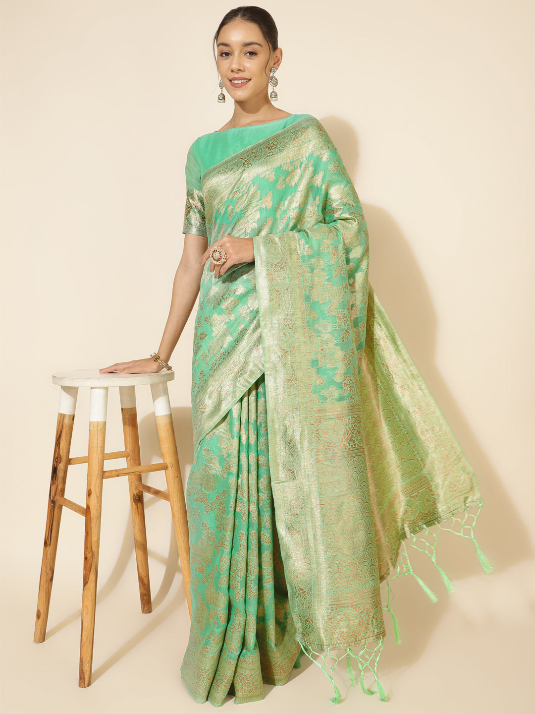Janasya Green Chanderi Silk Floral Woven Design Saree - Distacart