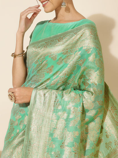 Janasya Green Chanderi Silk Floral Woven Design Saree - Distacart