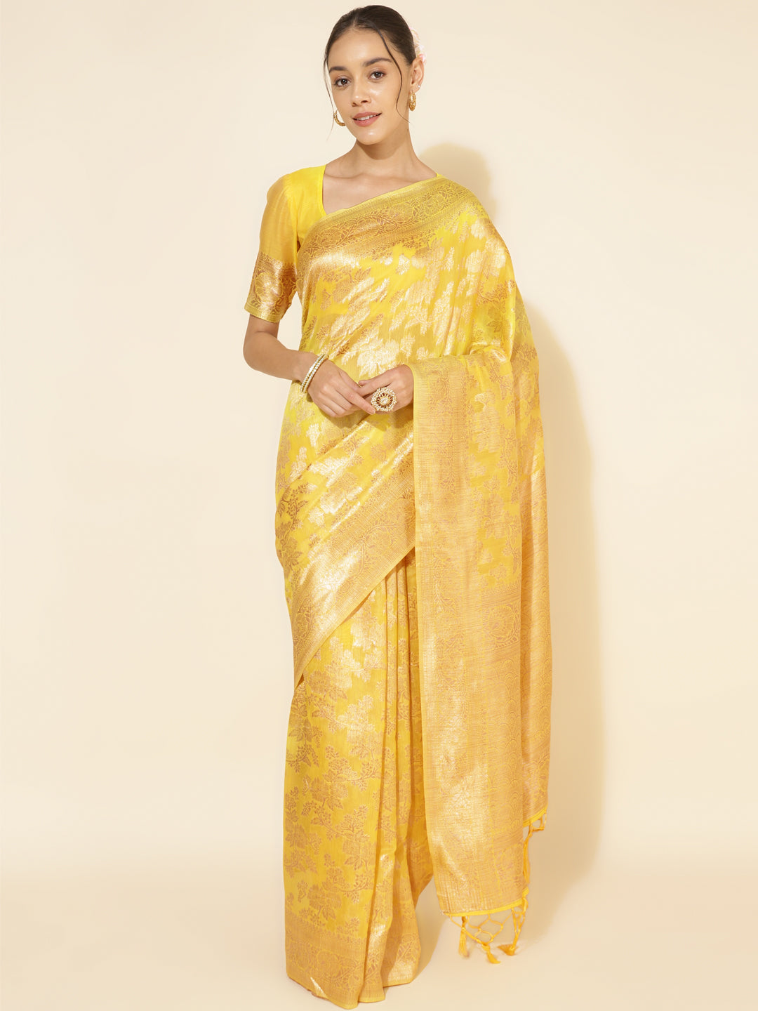 Janasya Yellow Chanderi Silk Floral Woven Design Saree - Distacart