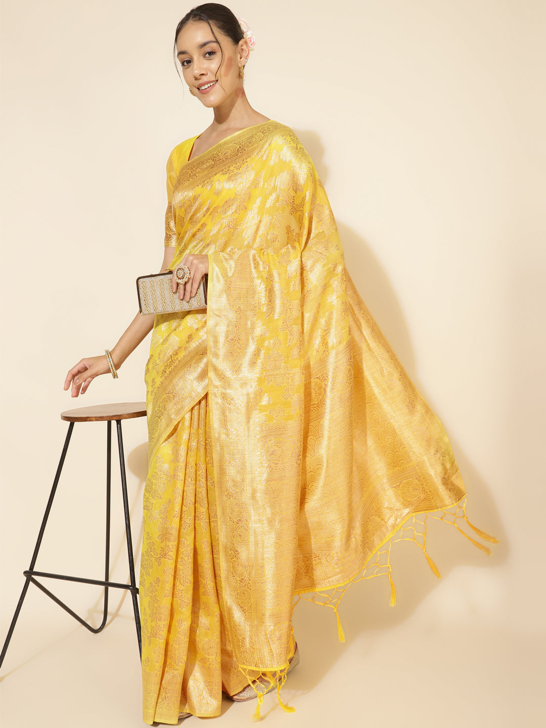 Janasya Yellow Chanderi Silk Floral Woven Design Saree - Distacart