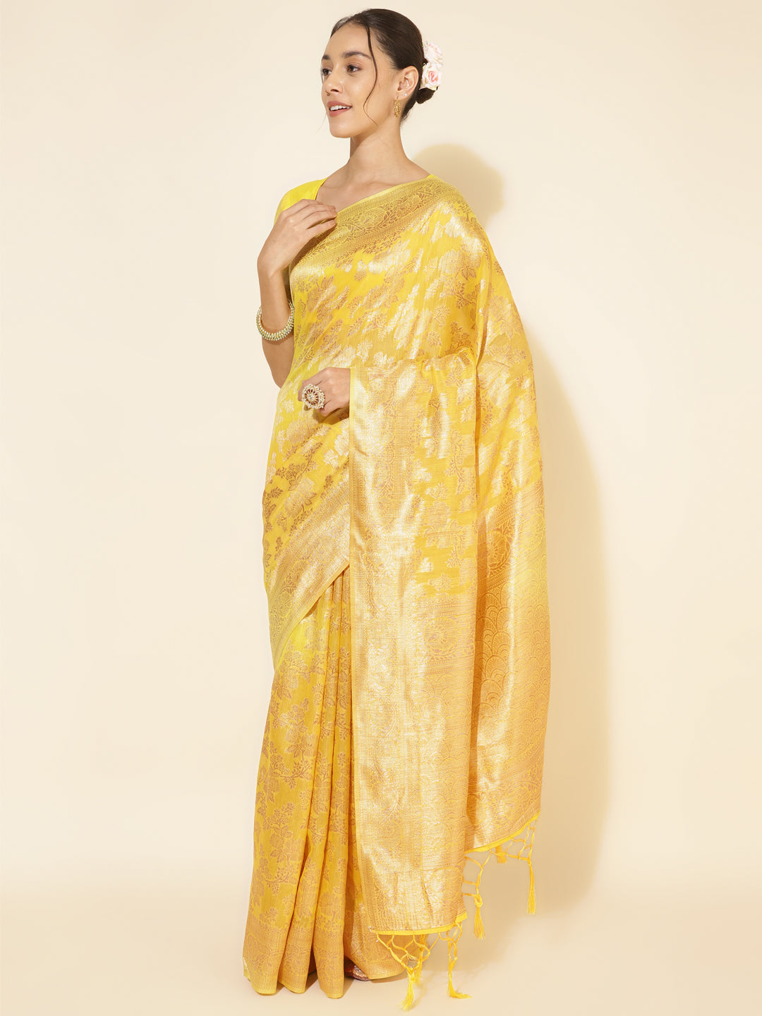 Janasya Yellow Chanderi Silk Floral Woven Design Saree - Distacart