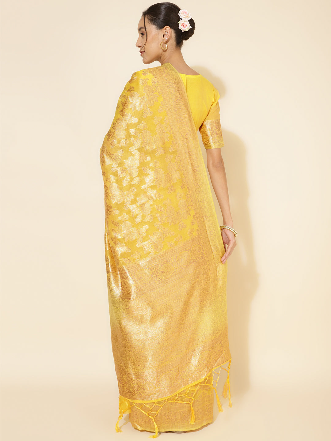 Janasya Yellow Chanderi Silk Floral Woven Design Saree - Distacart