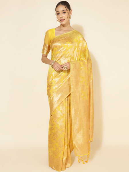 Janasya Yellow Chanderi Silk Floral Woven Design Saree - Distacart