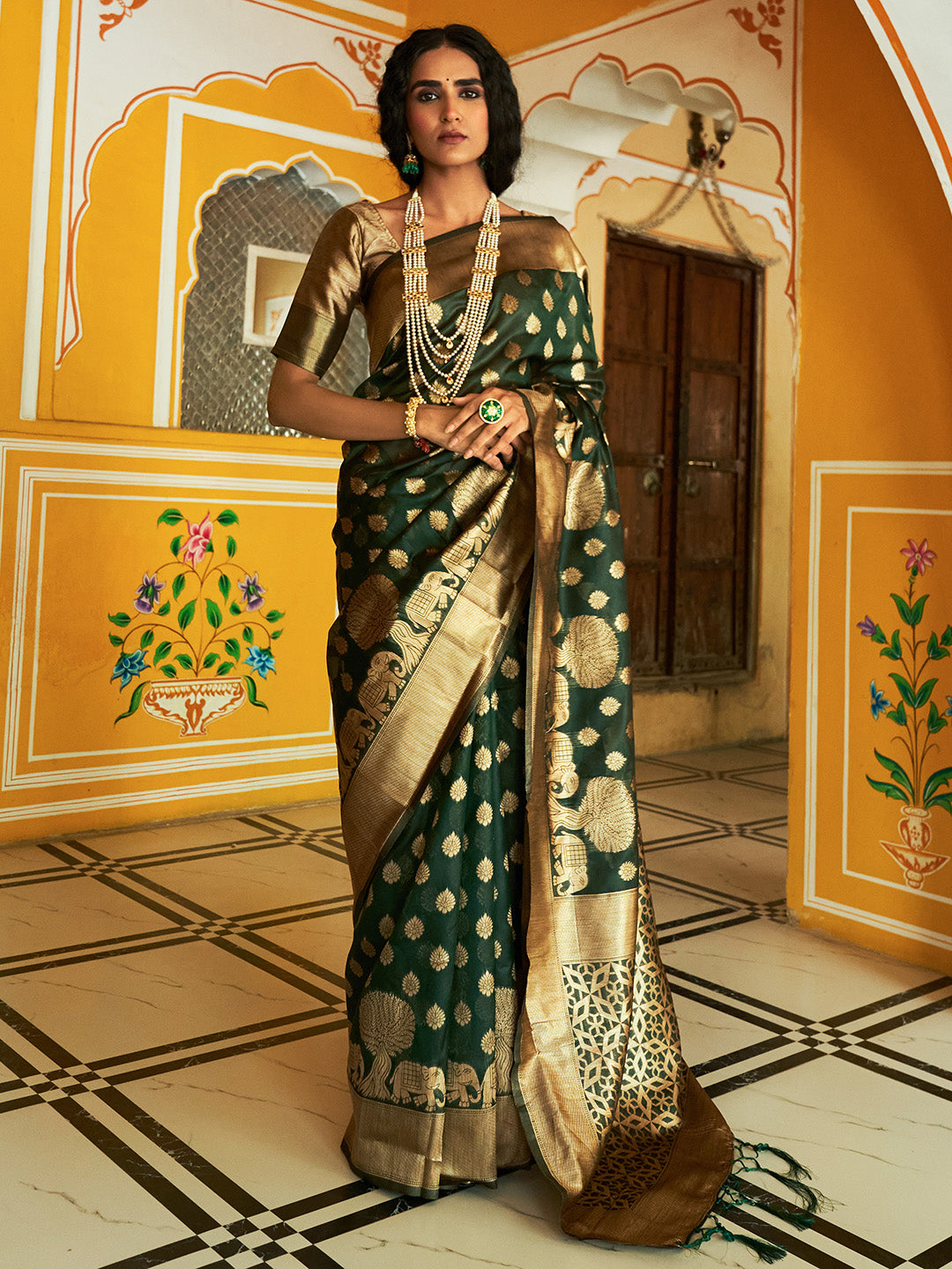 Janasya Dark Green Organza Woven Ethnic Motifs Kanjeevaram Saree - Distacart