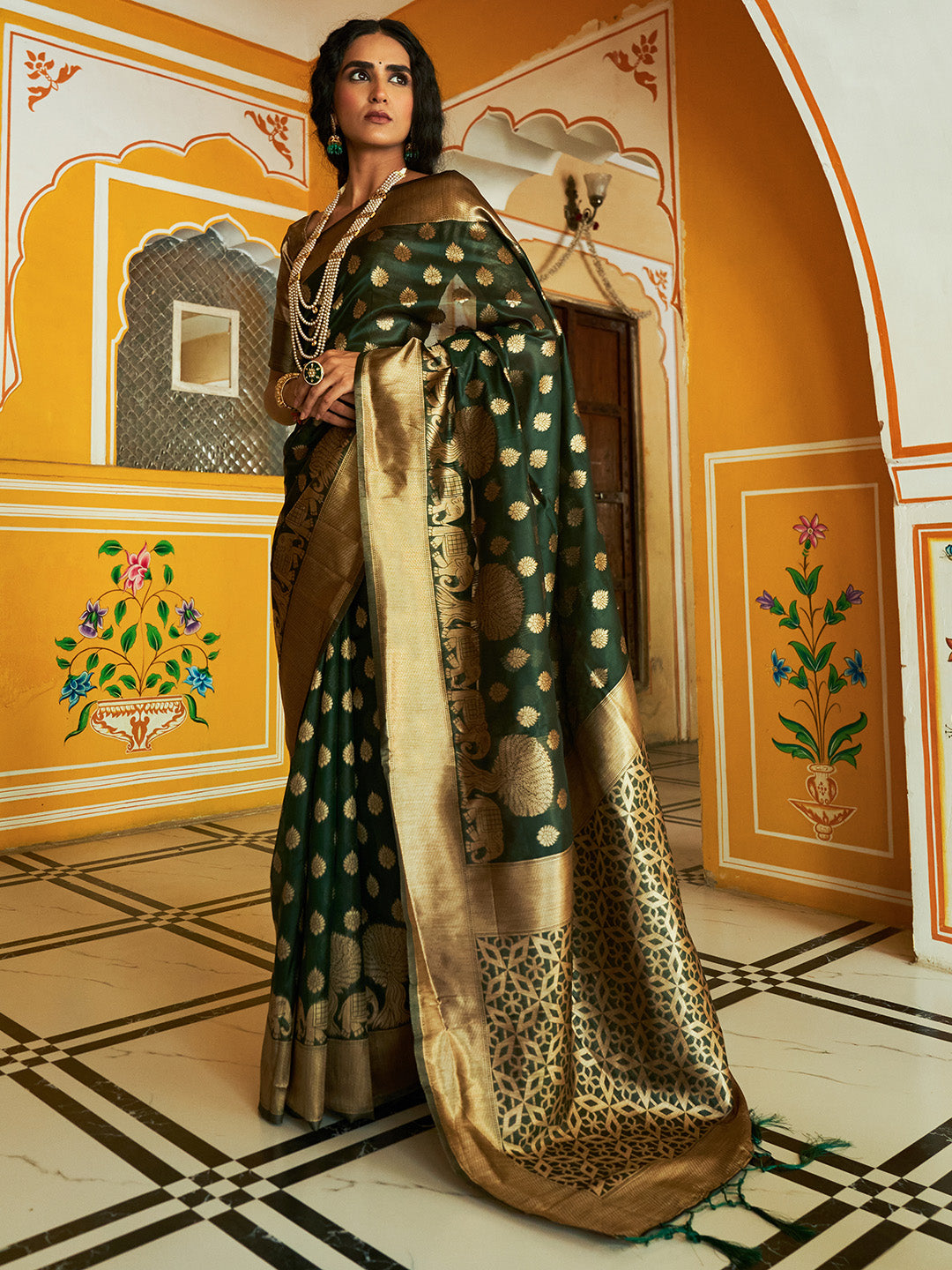 Janasya Dark Green Organza Woven Ethnic Motifs Kanjeevaram Saree - Distacart