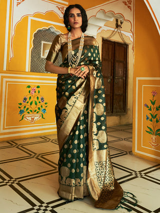 Janasya Dark Green Organza Woven Ethnic Motifs Kanjeevaram Saree - Distacart
