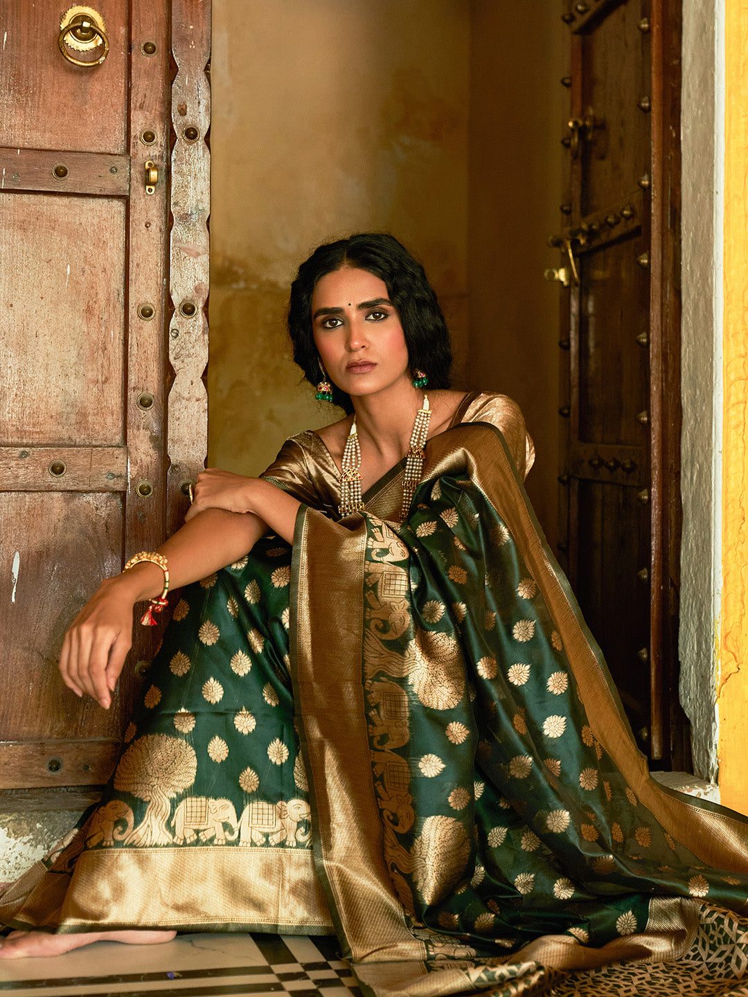 Janasya Dark Green Organza Woven Ethnic Motifs Kanjeevaram Saree - Distacart