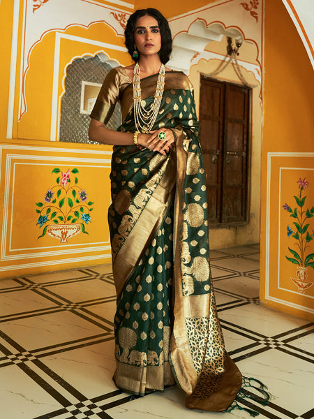 Janasya Dark Green Organza Woven Ethnic Motifs Kanjeevaram Saree - Distacart