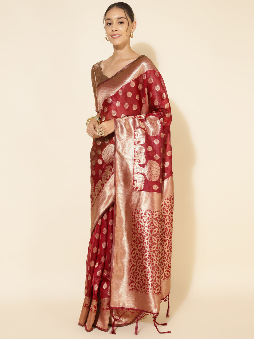 Janasya Maroon Organza Woven Ethnic Motifs Kanjeevaram Saree - Distacart