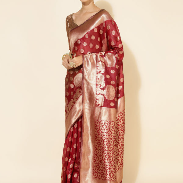 Janasya Maroon Organza Woven Ethnic Motifs Kanjeevaram Saree - Distacart