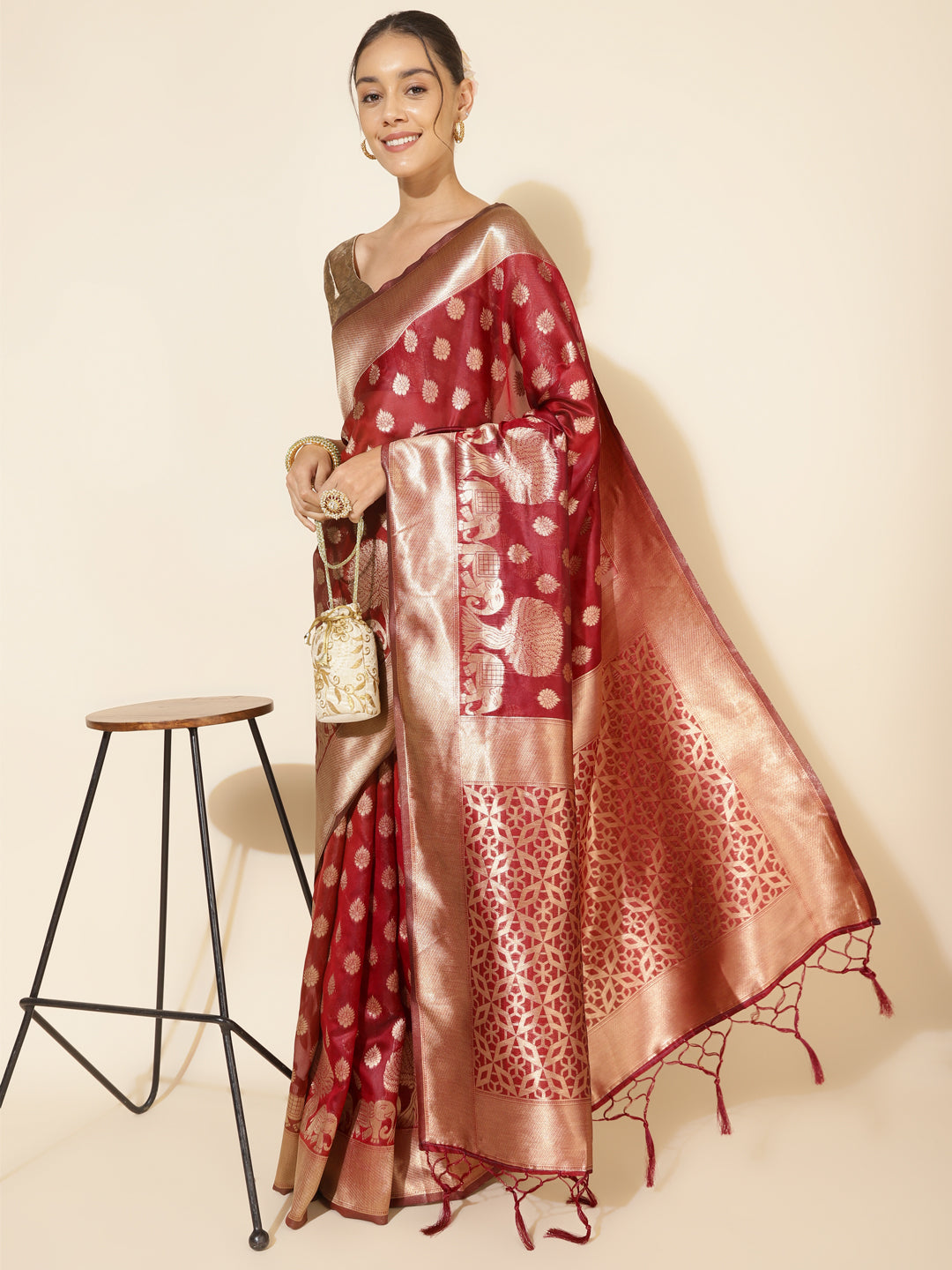 Janasya Maroon Organza Woven Ethnic Motifs Kanjeevaram Saree - Distacart