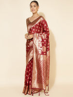Thumbnail for Janasya Maroon Organza Woven Ethnic Motifs Kanjeevaram Saree - Distacart