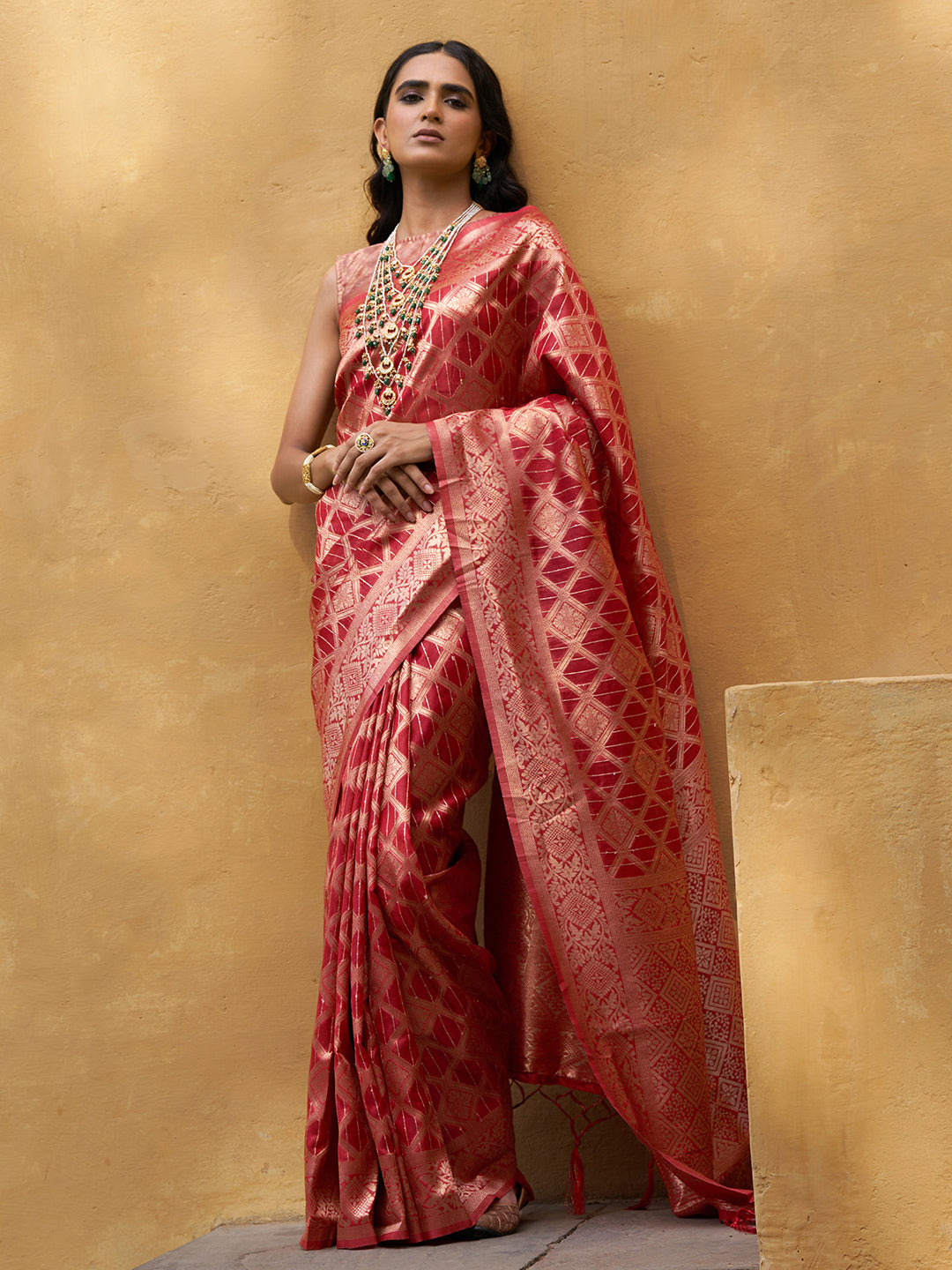 Janasya Red Organza Woven Ethnic Motifs Kanjeevaram Saree - Distacart