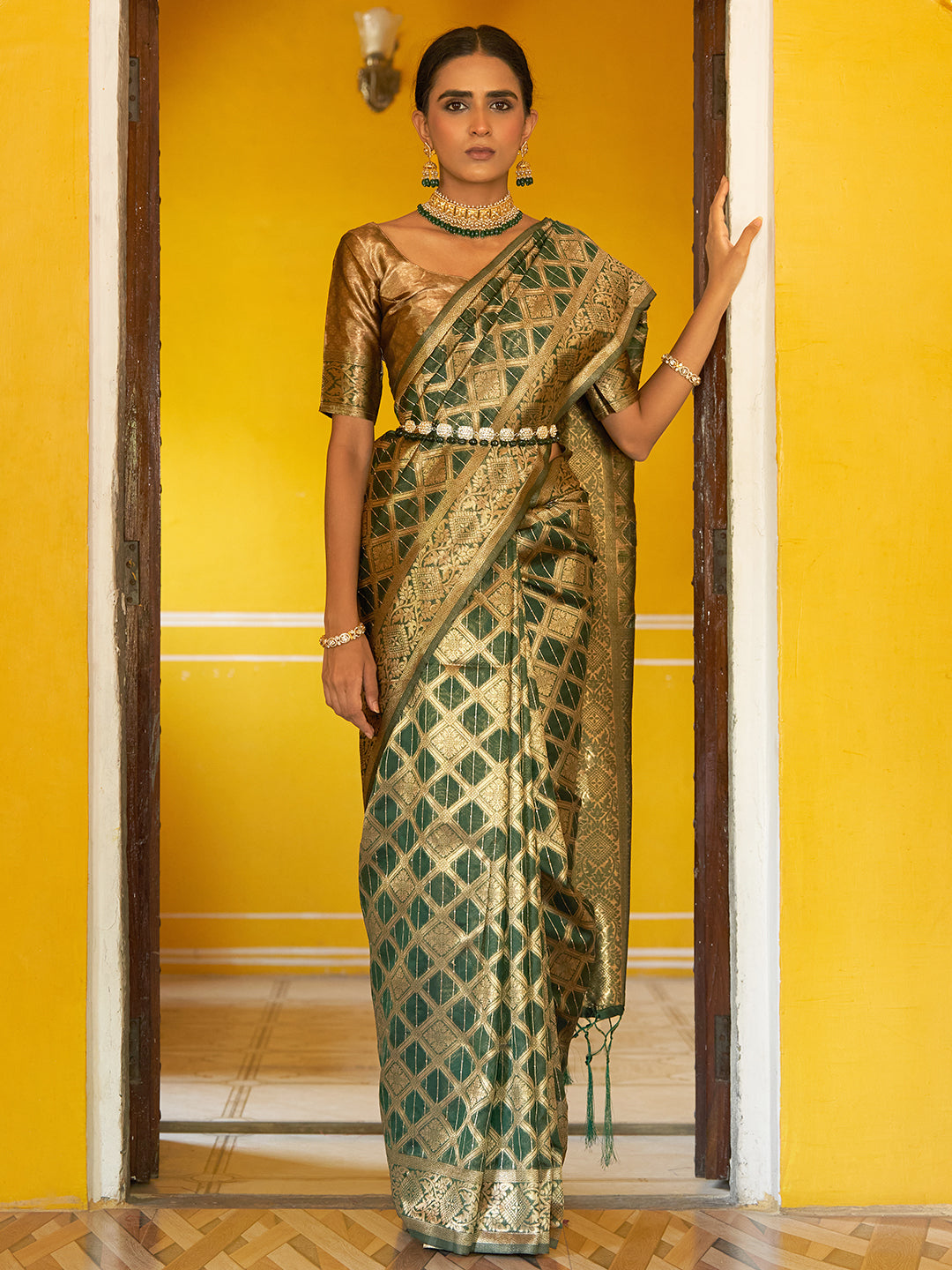 Janasya Dark Green Organza Woven Ethnic Motifs Kanjeevaram Saree - Distacart