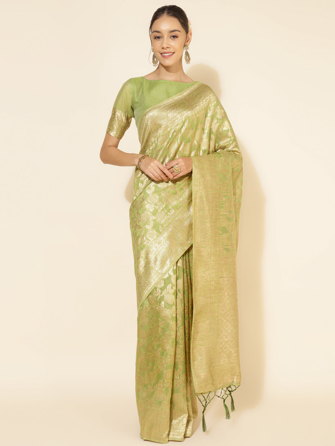 Janasya Light Green Chanderi Silk Floral Woven Design Saree - Distacart