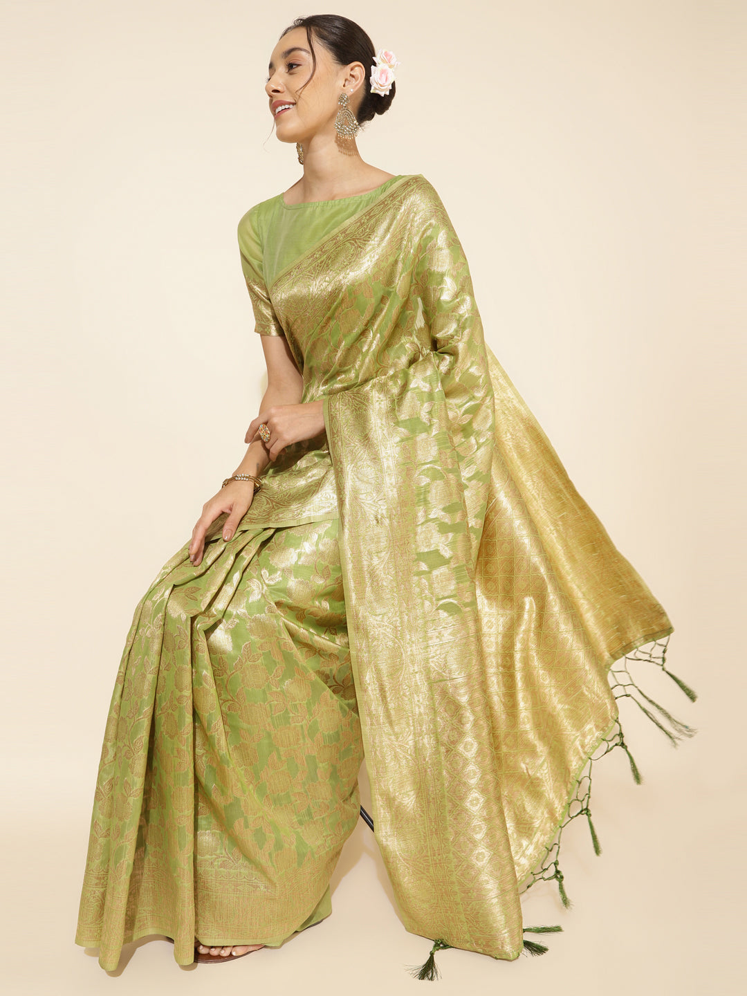 Janasya Light Green Chanderi Silk Floral Woven Design Saree - Distacart