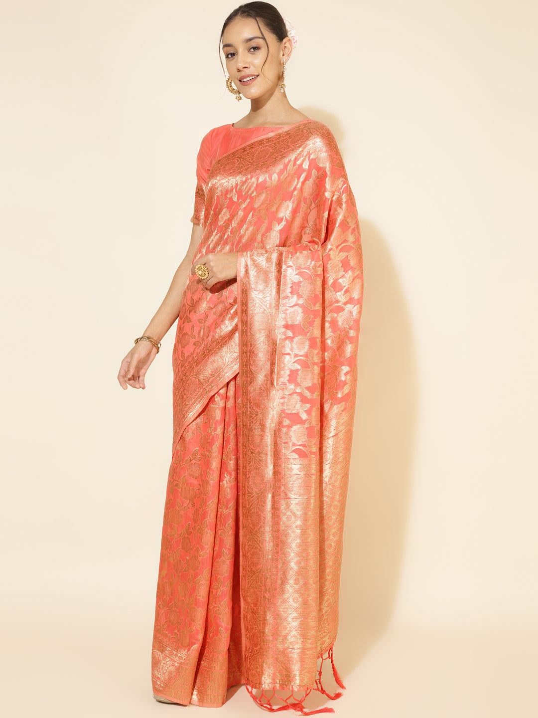 Janasya Peach Chanderi Silk Floral Woven Design Saree - Distacart