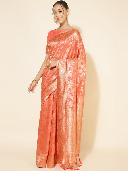 Janasya Peach Chanderi Silk Floral Woven Design Saree - Distacart