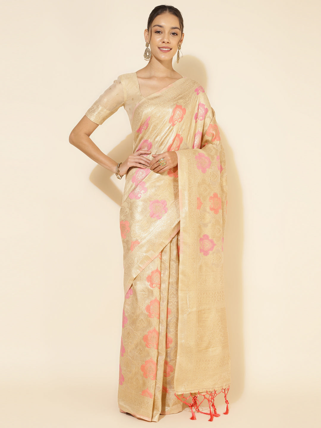 Janasya Cream Chanderi Silk Ethnic Motifs Woven Design Saree - Distacart
