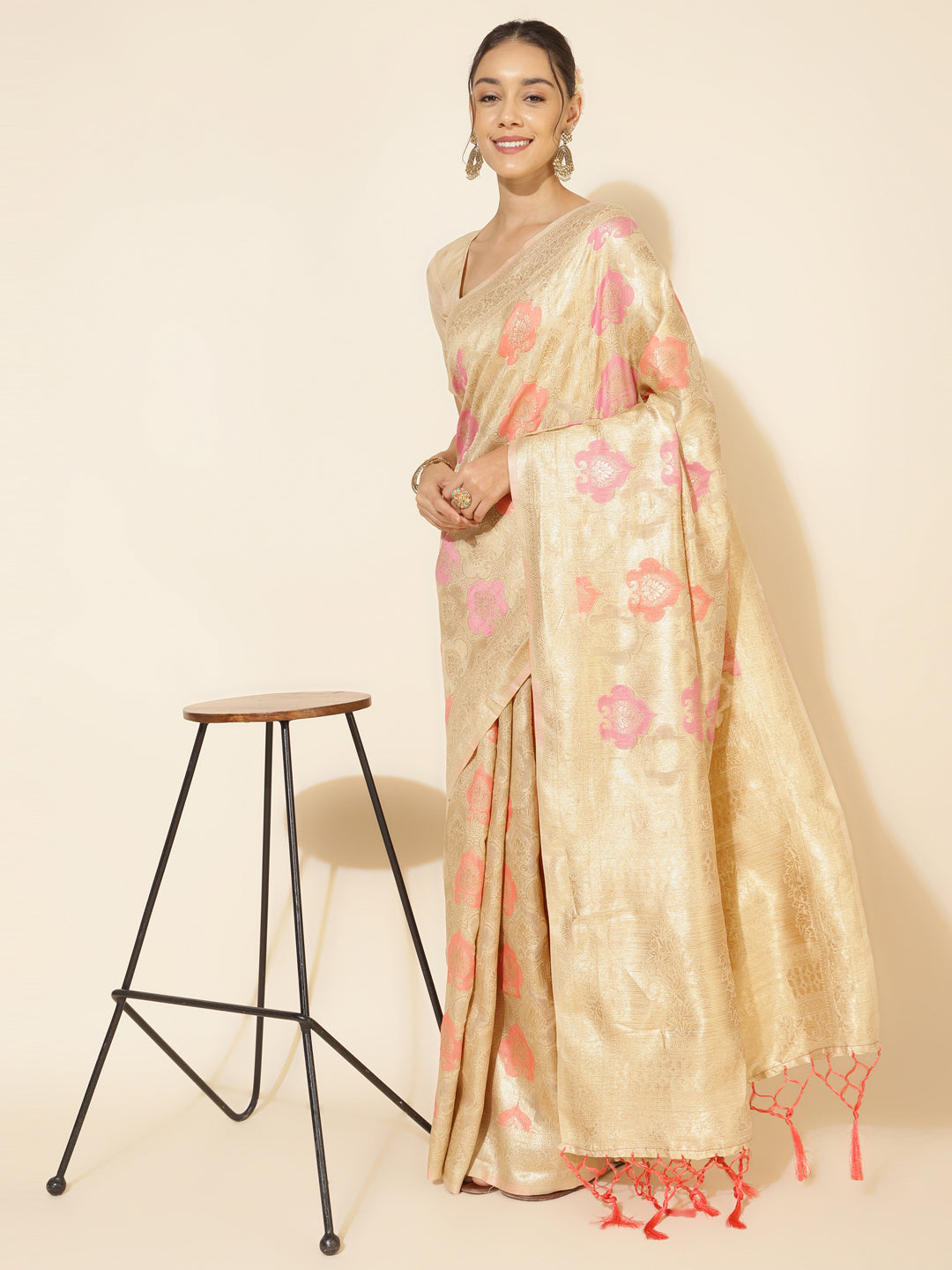 Janasya Cream Chanderi Silk Ethnic Motifs Woven Design Saree - Distacart