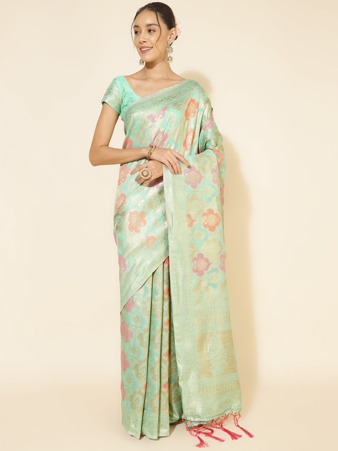 Janasya Sea Green Chanderi Silk Ethnic Motifs Woven Design Saree - Distacart