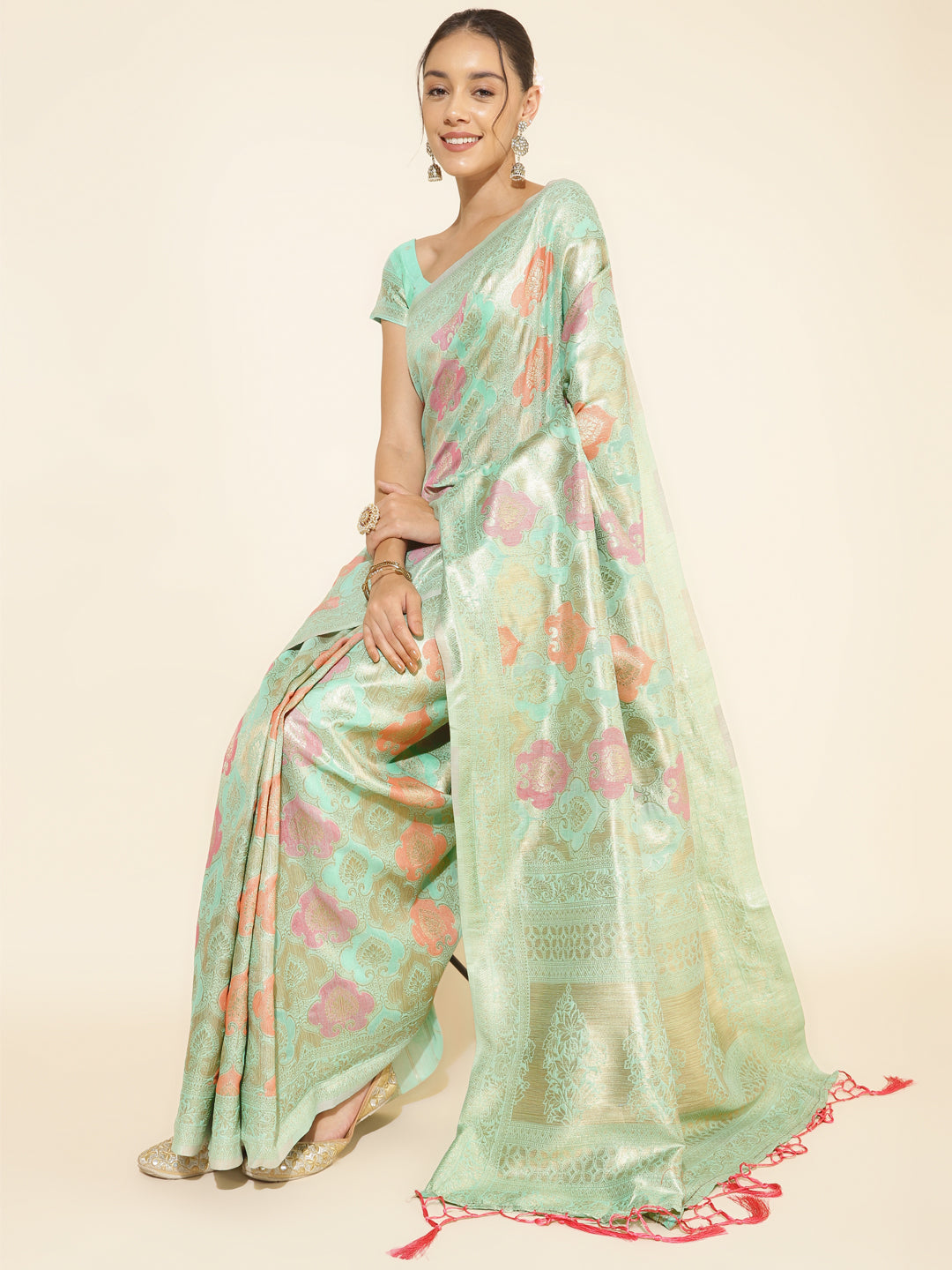 Janasya Sea Green Chanderi Silk Ethnic Motifs Woven Design Saree - Distacart