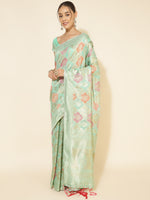 Thumbnail for Janasya Sea Green Chanderi Silk Ethnic Motifs Woven Design Saree - Distacart
