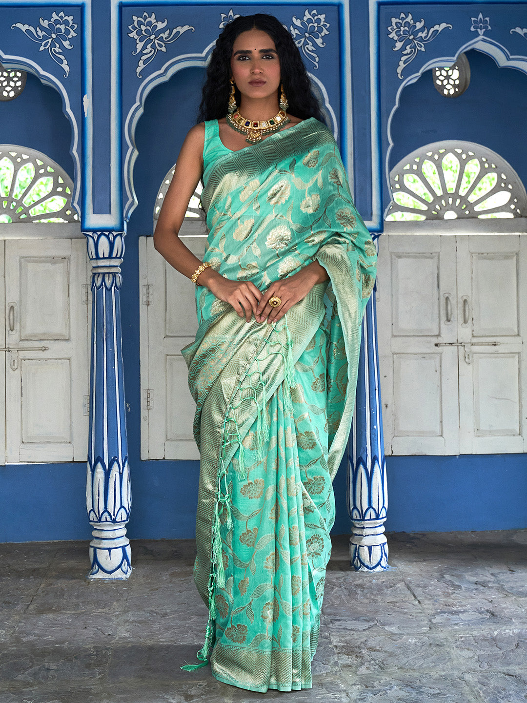 Janasya Sea Green Chanderi Silk Floral Woven Design Saree - Distacart