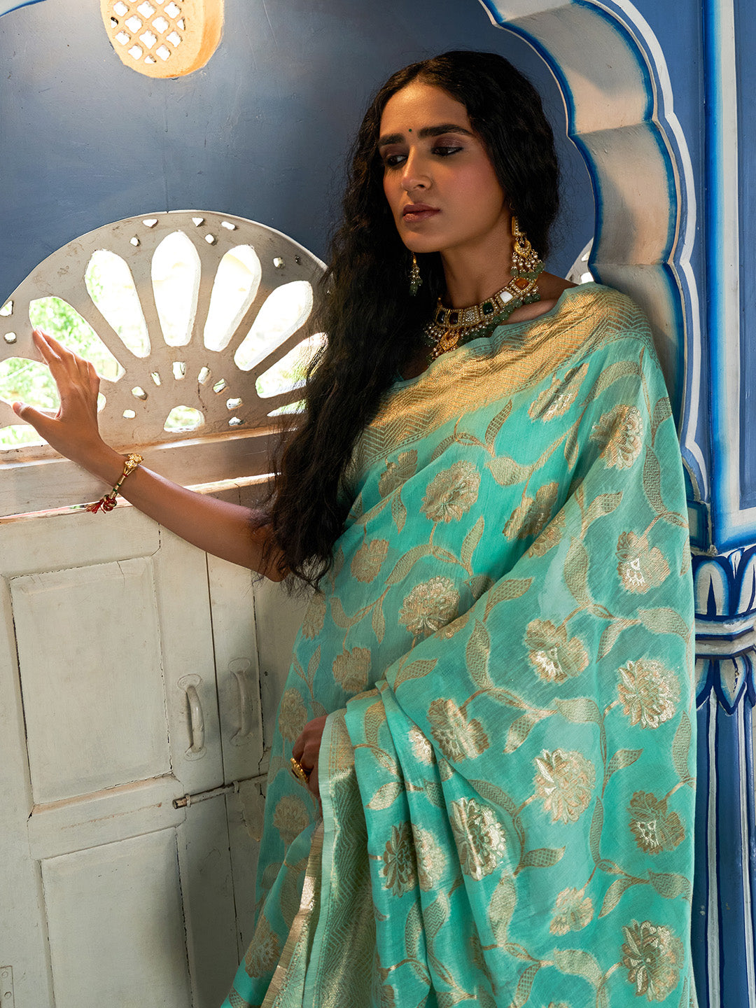 Janasya Sea Green Chanderi Silk Floral Woven Design Saree - Distacart