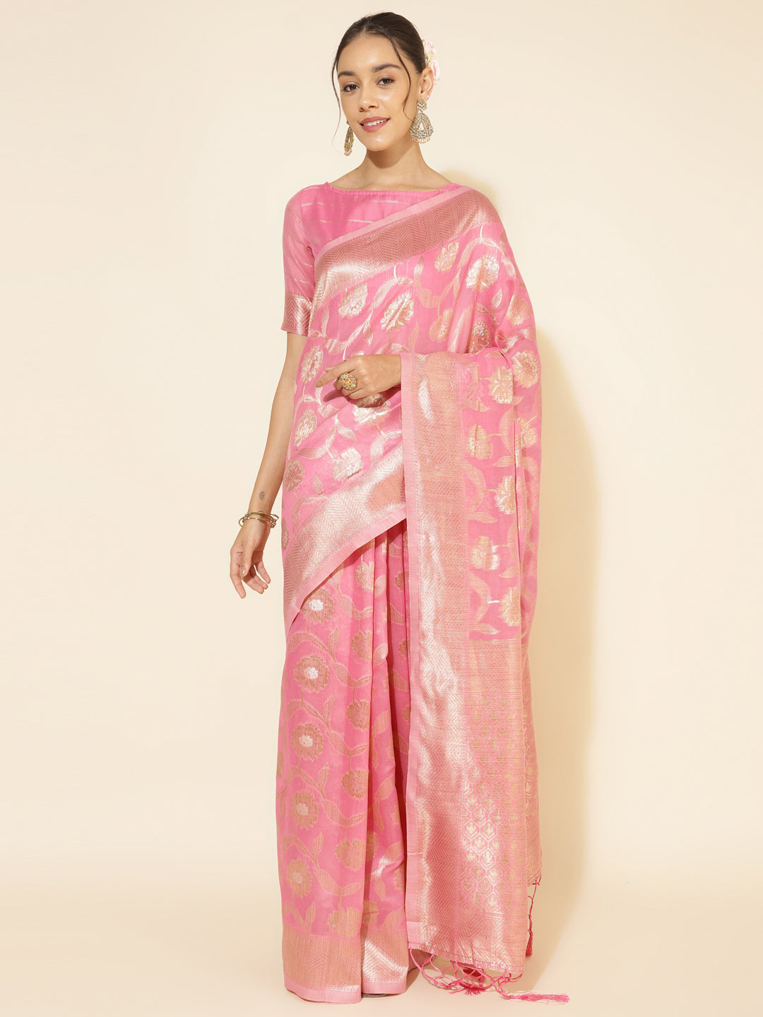 Janasya Pink Chanderi Silk Floral Woven Design Saree - Distacart