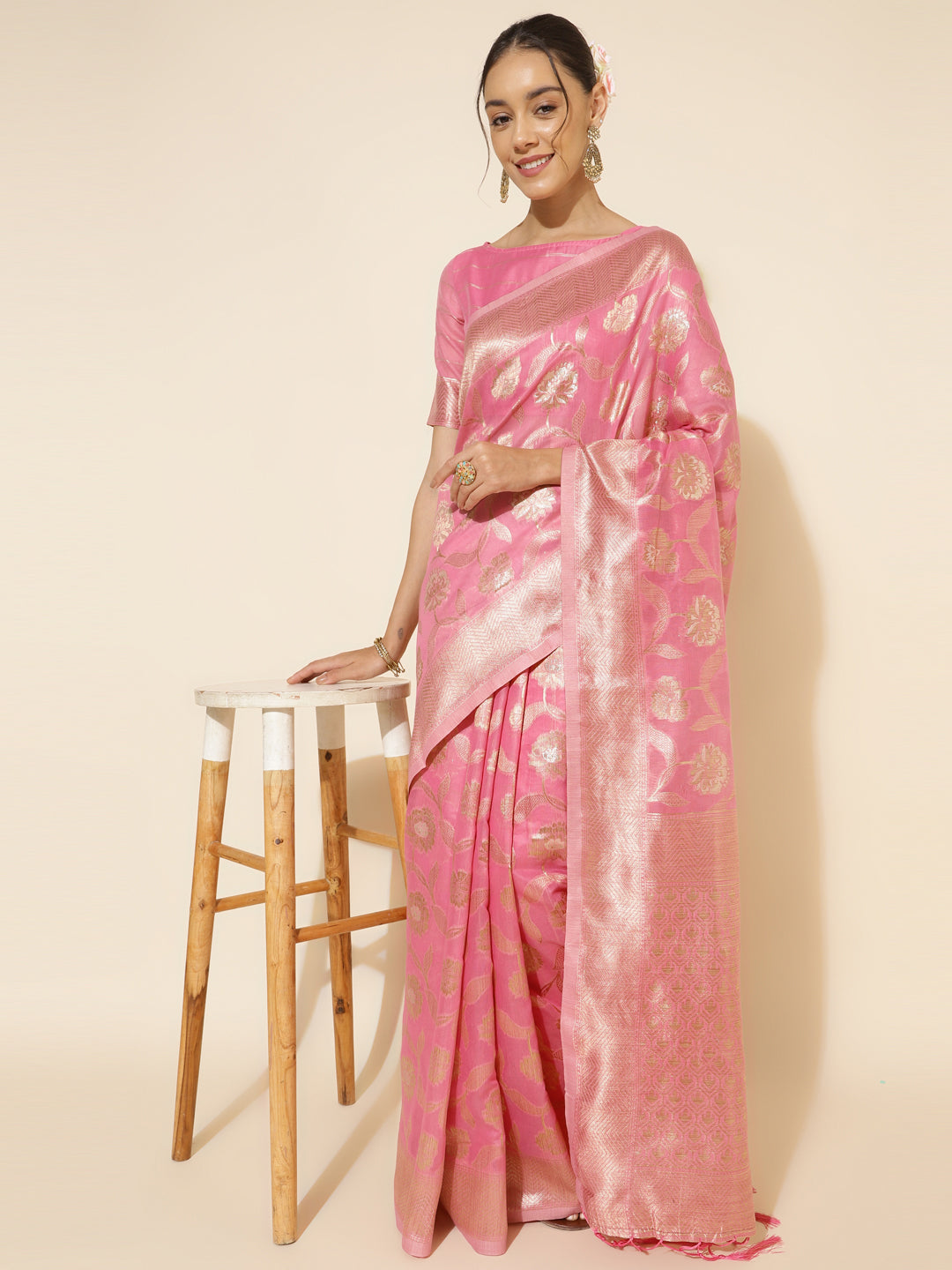 Janasya Pink Chanderi Silk Floral Woven Design Saree - Distacart