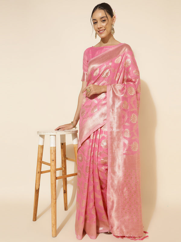 Janasya Pink Chanderi Silk Floral Woven Design Saree - Distacart