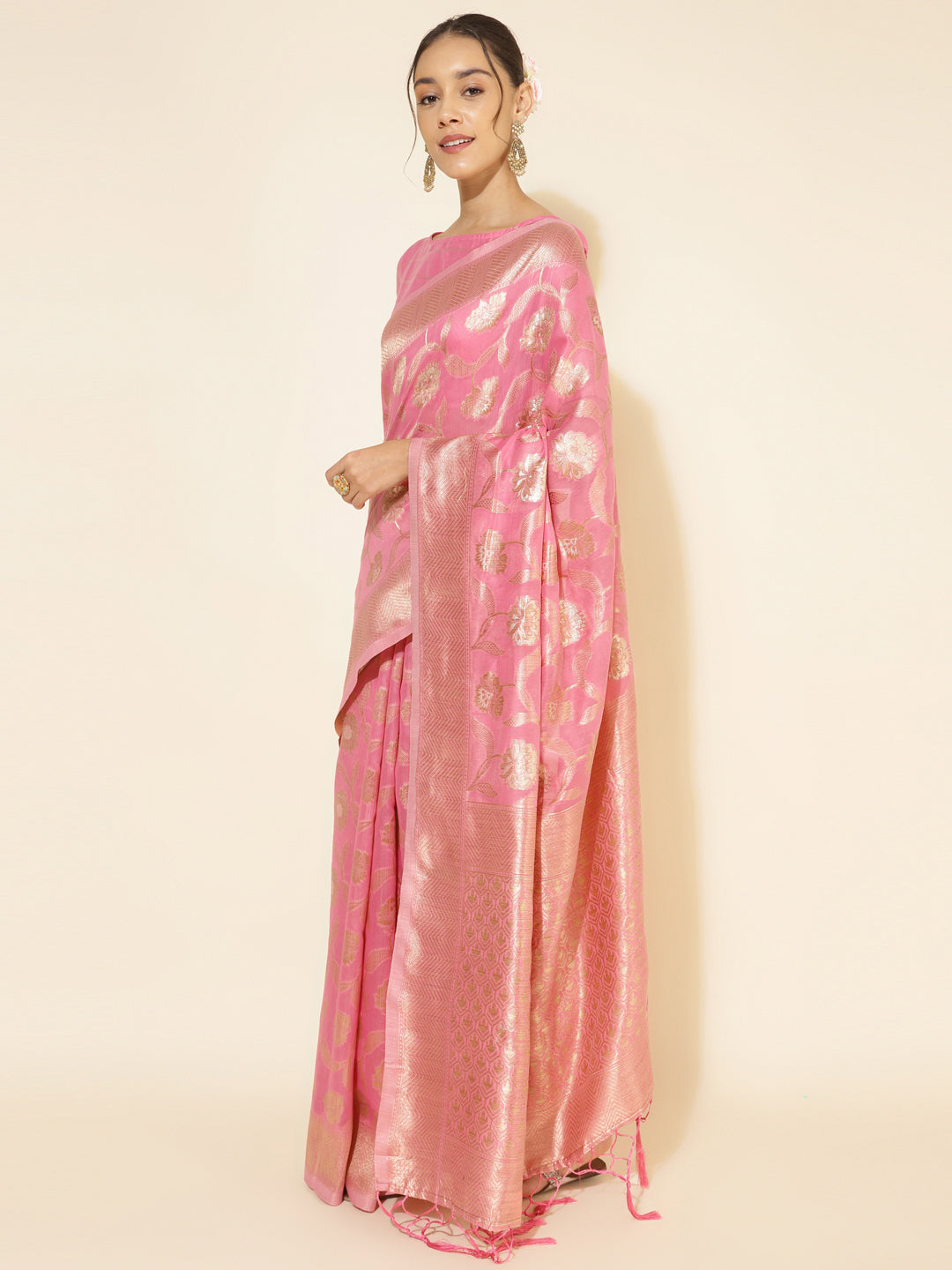 Janasya Pink Chanderi Silk Floral Woven Design Saree - Distacart