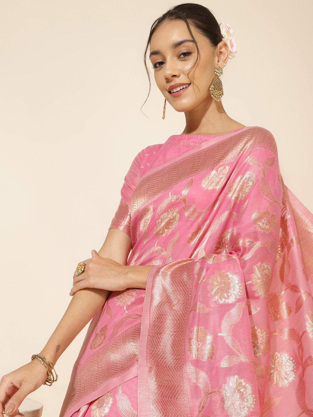 Janasya Pink Chanderi Silk Floral Woven Design Saree - Distacart