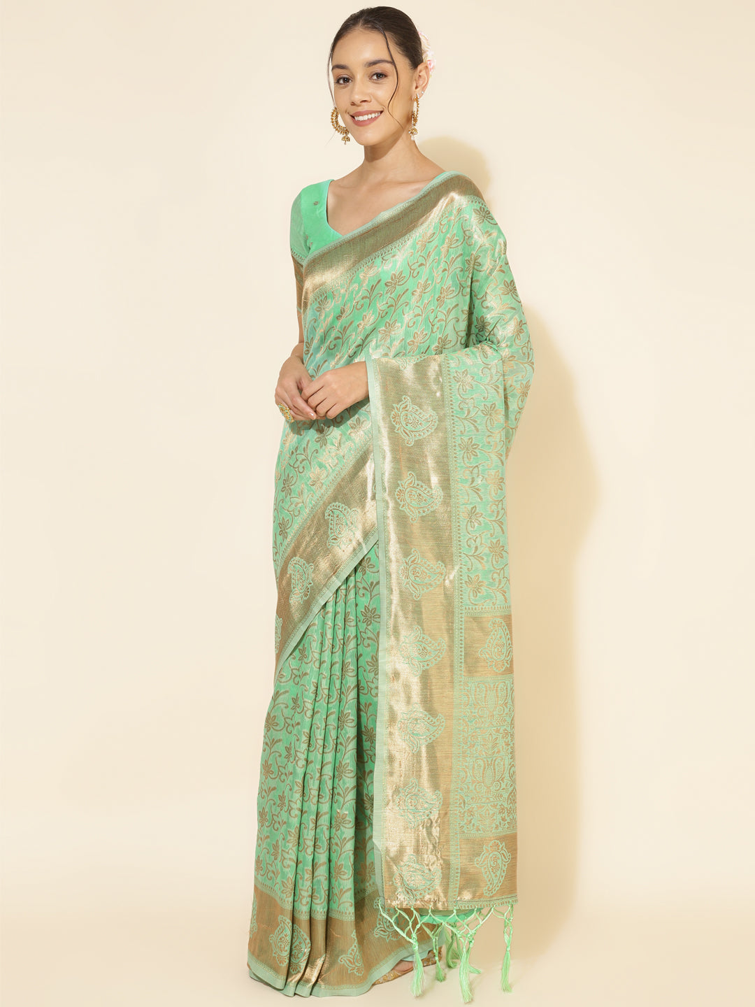 Janasya Light Green Chanderi Silk Floral Woven Design Saree - Distacart