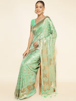 Thumbnail for Janasya Light Green Chanderi Silk Floral Woven Design Saree - Distacart