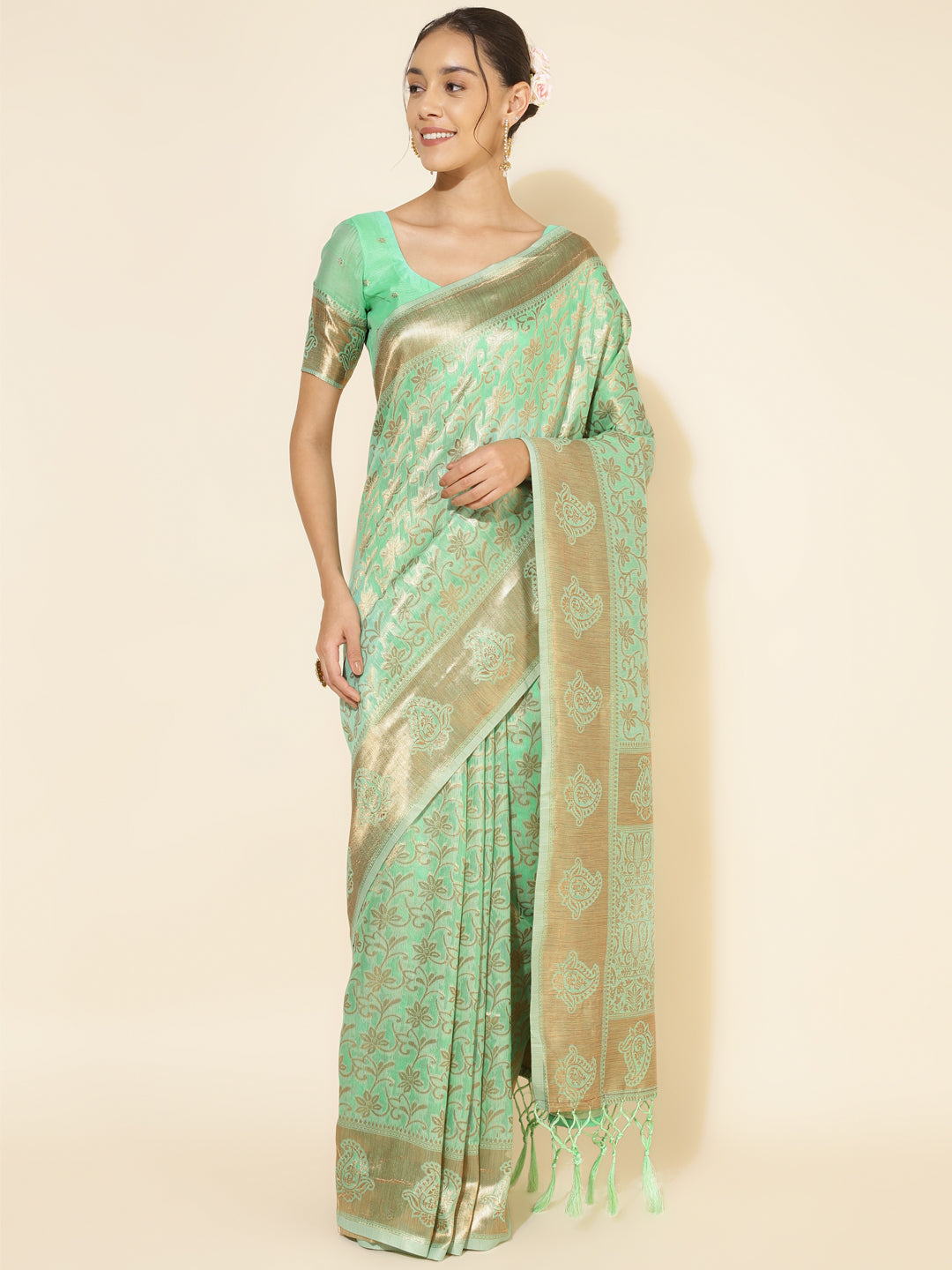 Janasya Light Green Chanderi Silk Floral Woven Design Saree - Distacart