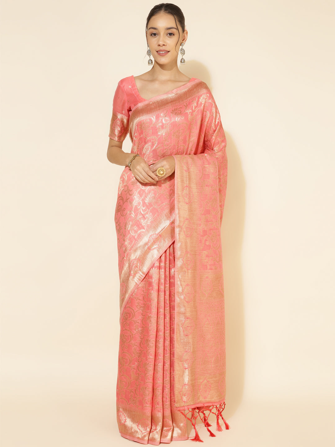 Janasya Peach Chanderi Silk Floral Woven Design Saree - Distacart