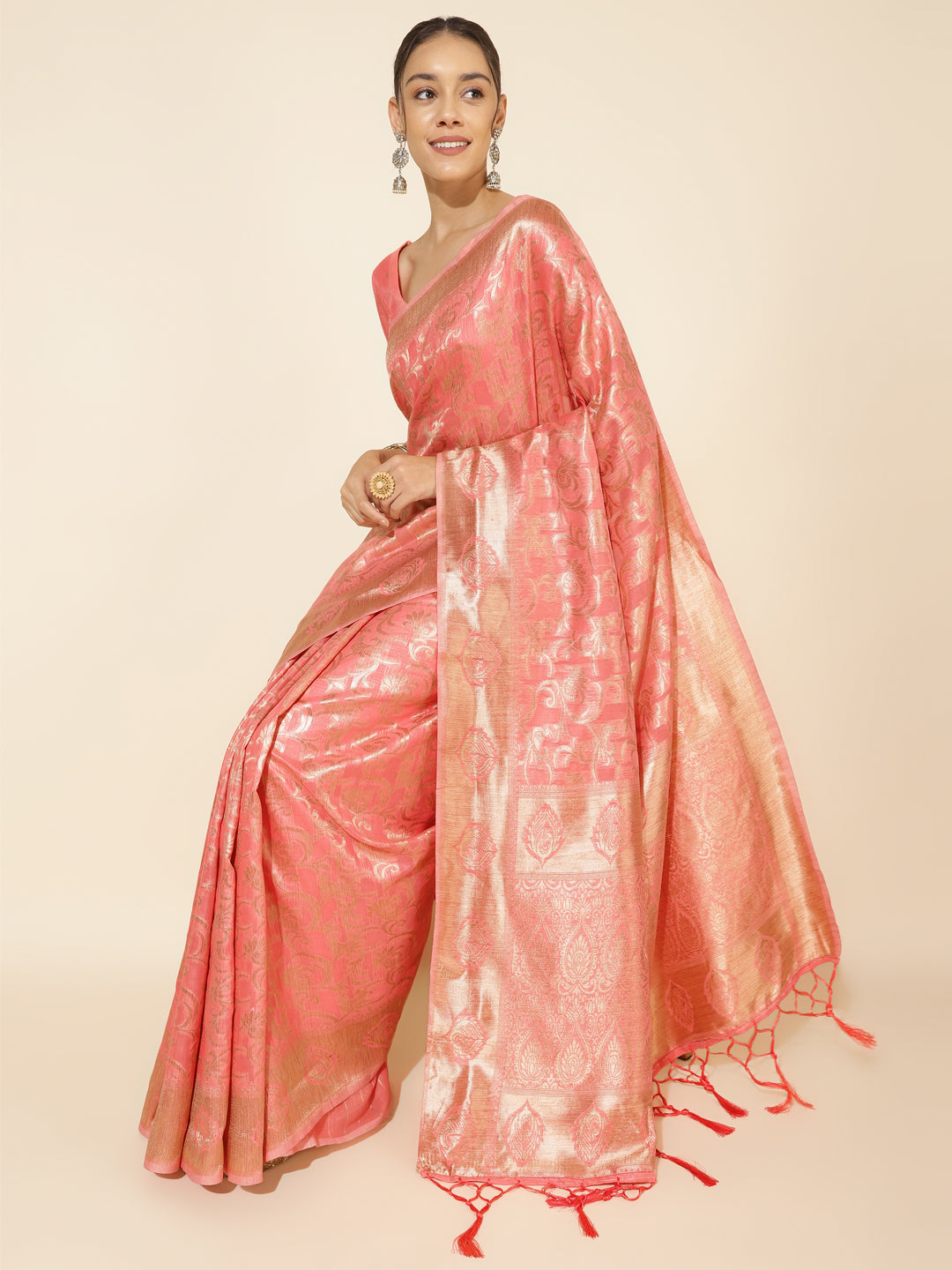 Janasya Peach Chanderi Silk Floral Woven Design Saree - Distacart