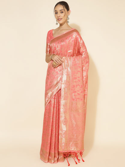 Janasya Peach Chanderi Silk Floral Woven Design Saree - Distacart