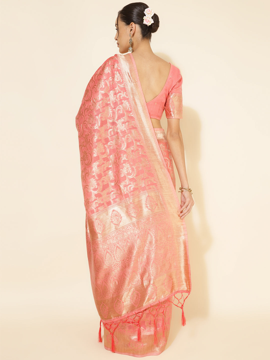 Janasya Peach Chanderi Silk Floral Woven Design Saree - Distacart