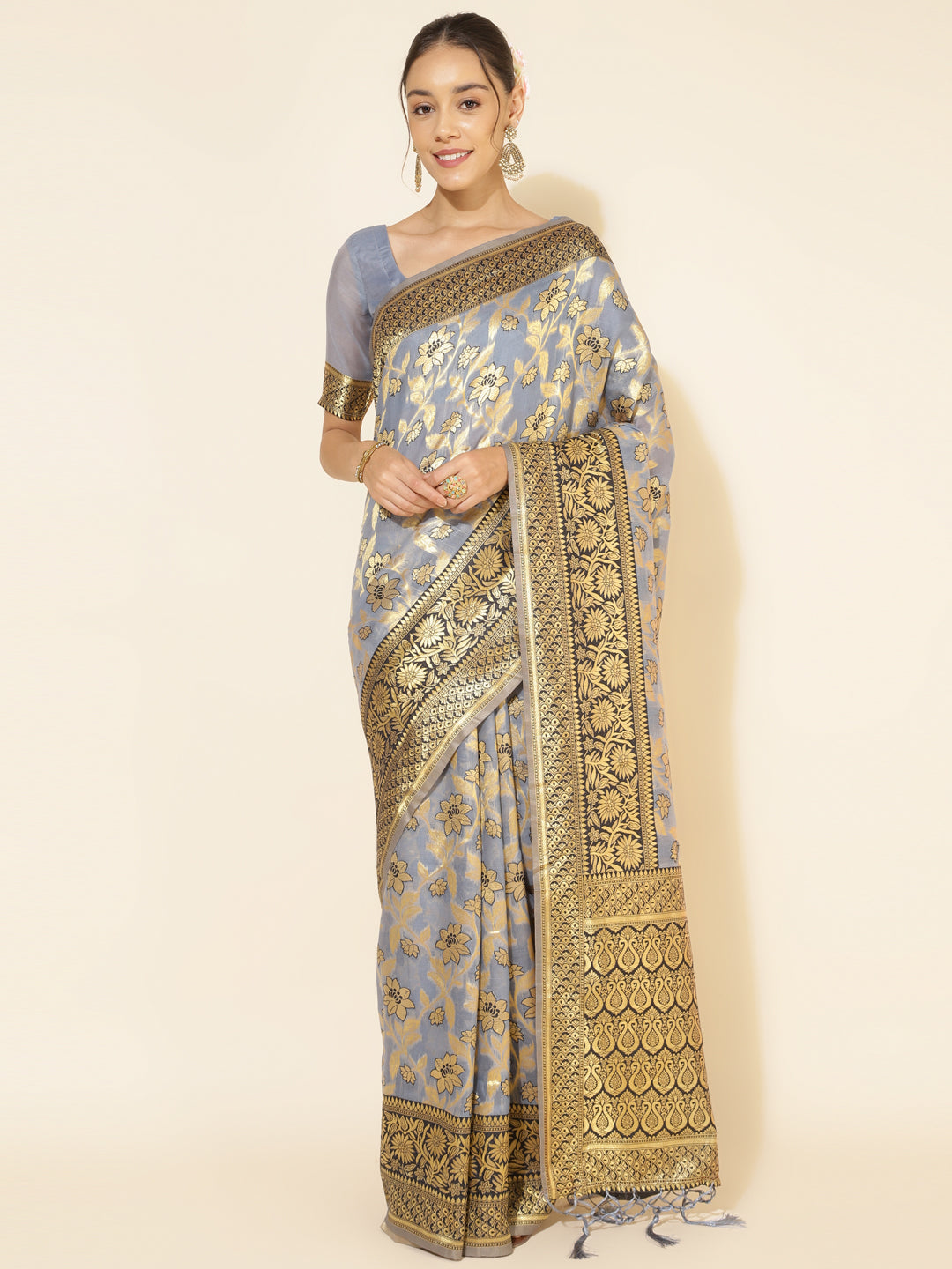 Janasya Grey Chanderi Silk Floral Woven Design Saree - Distacart